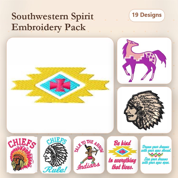 Southwestern Spirit Embroidery Designs Bundle – Southwestern Geometric, Horse with Blanket, Indian Head & More (19 Designs)