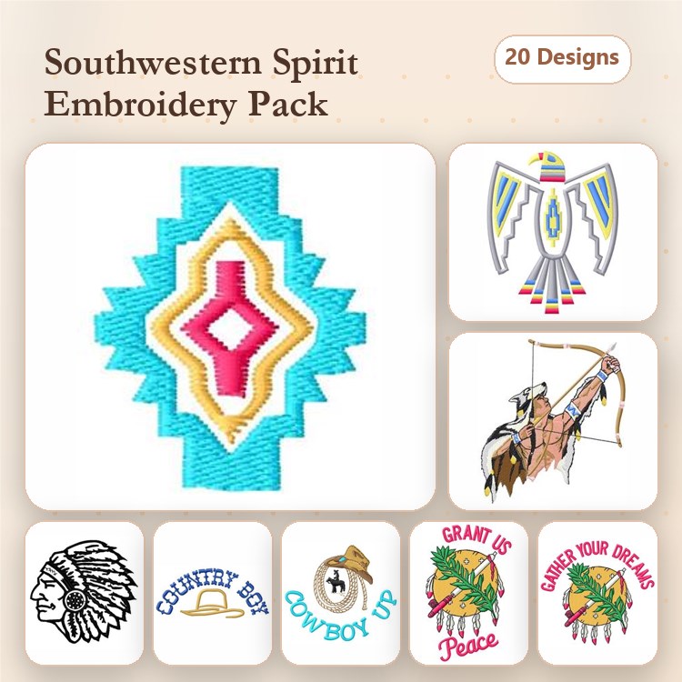 Southwestern Embroidery Bundle – Medallion, Eagle, Bow and Arrow & More (20 Designs)