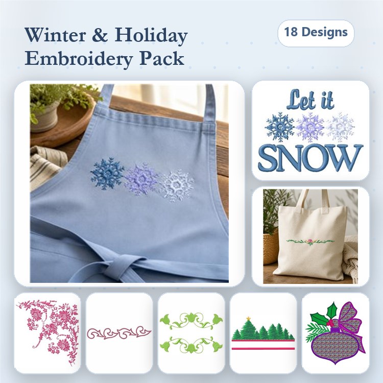 Winter & Holiday Embroidery Designs Bundle – Snowflake, Let it Snow, Pine Trees & More (18 Designs)