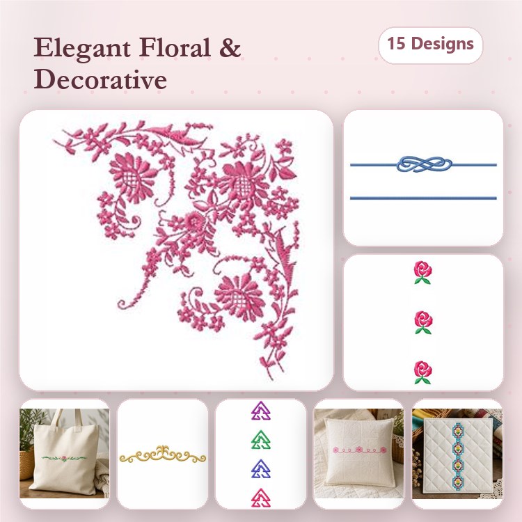 Elegant Floral Embroidery Designs Bundle – Floral Scroll, Single Rose, Decorative Knot & More (15 Designs)