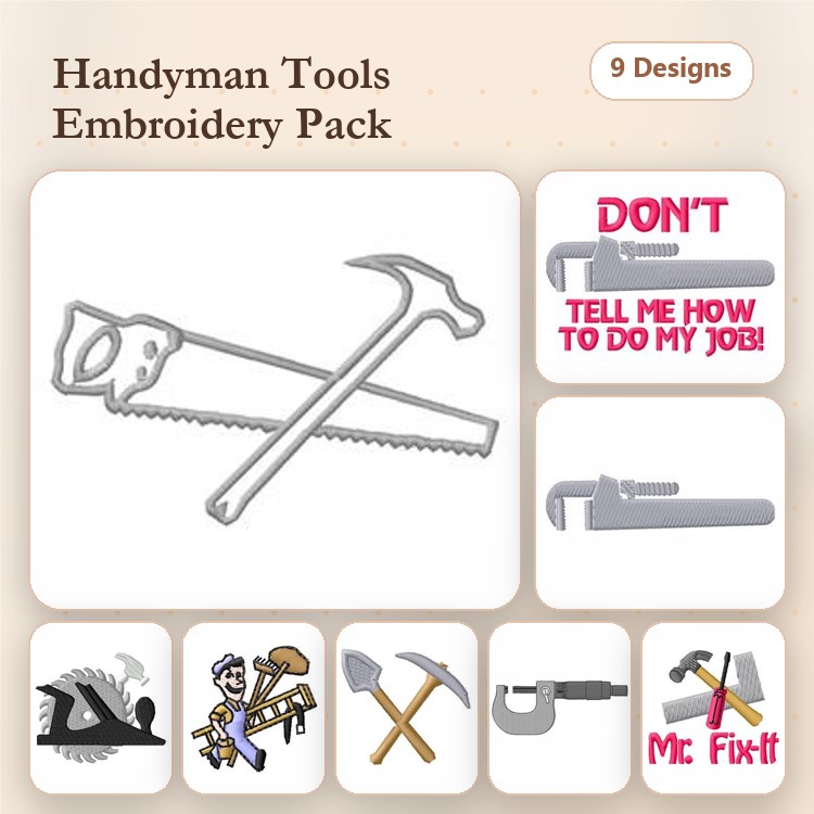 Handyman Tools Embroidery Designs Bundle – Saw, Hammer, Screwdriver, Wrench & More (9 Designs)