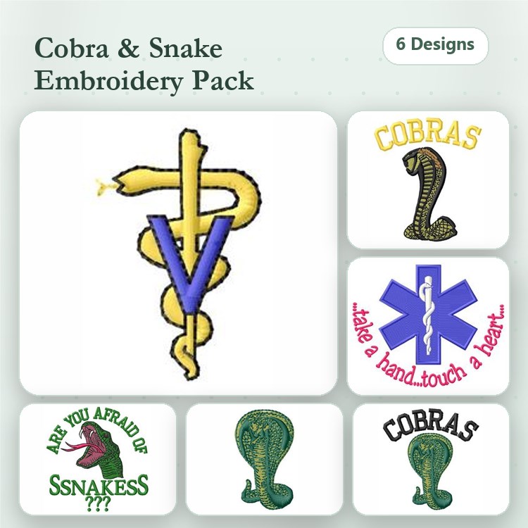 Cobra & Snake Embroidery Designs Bundle – Caduceus Symbol, Medical Symbol with Cobra, Are You Afraid of Snakes? & More (6 Designs)