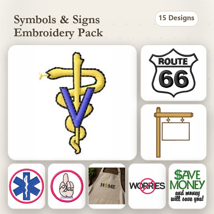 Symbols & Signs Embroidery Designs Bundle – Caduceus, Route 66 Sign, Medical Star of Life & More (15 Designs)