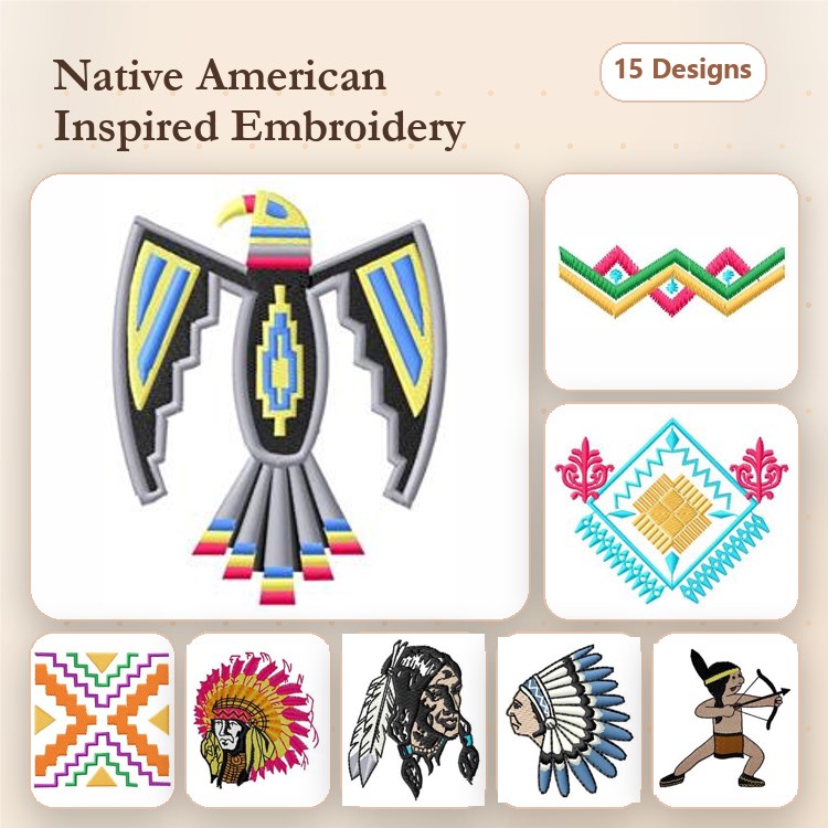 Native American Inspired Embroidery Designs Bundle – Eagle, Feathered Headdress, Warrior & More (15 Designs)