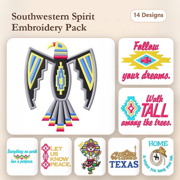 Southwestern Themed Embroidery Designs Bundle – Colorful Bird, Follow Your Dreams, Let Us Know Peace & More (14 Designs)