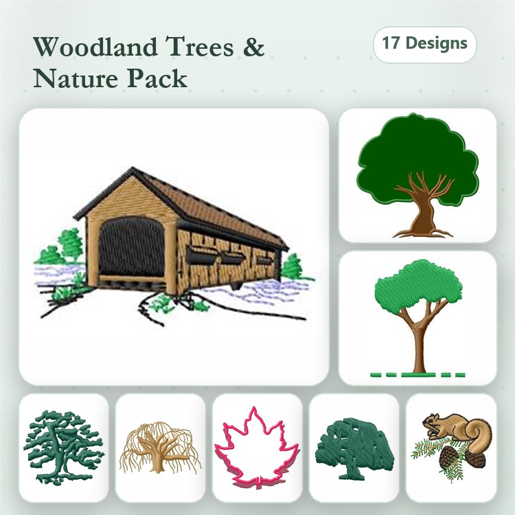 Woodland Trees and Nature Embroidery Designs Bundle – Covered Bridge, Oak Tree, Maple Leaf & More (17 Designs)