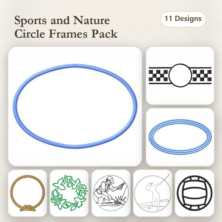 Circle Frames Embroidery Designs Bundle – Blue, Woven, Leaves, Bow & More (11 Designs)
