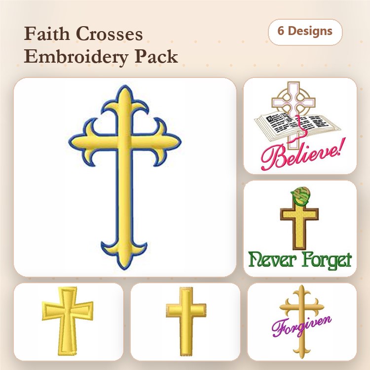 Faith-themed Cross Embroidery Bundle – Cross with Ornate Edges, Believe, Cross with Simple Design & More (6 Designs)