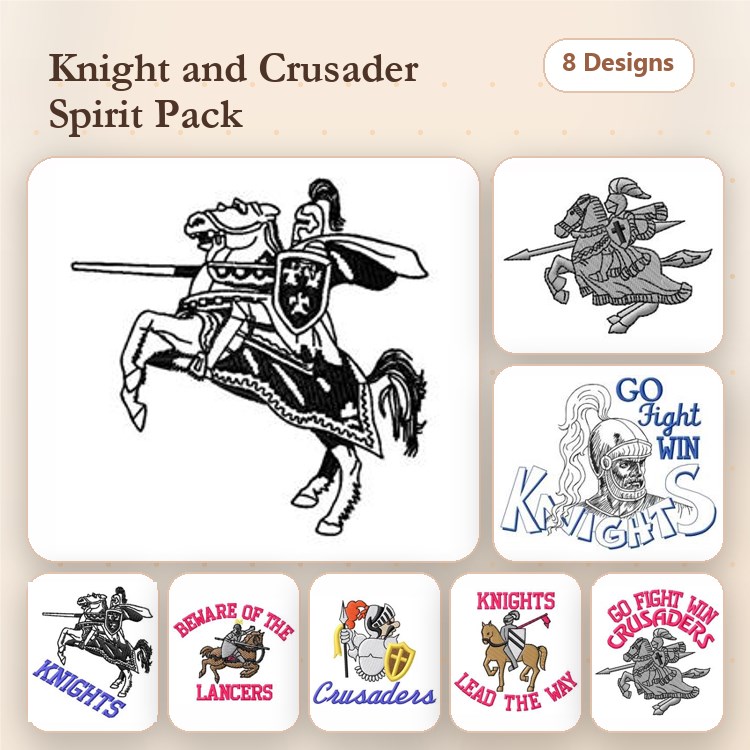 Knights and Crusaders Embroidery Designs Bundle – Knight on Horseback, Beware of the Lancers, & More (8 Designs)