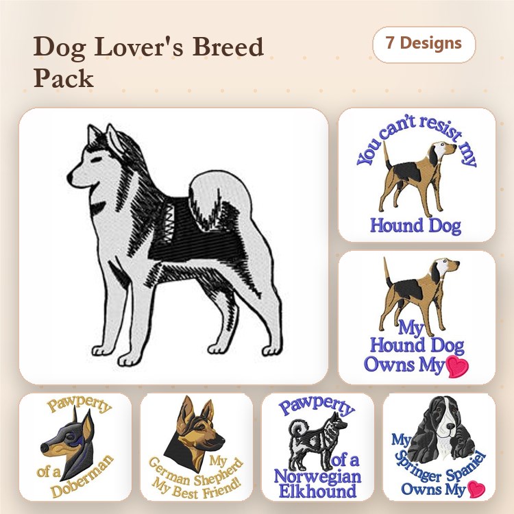 Dog Breeds Embroidery Bundle – Hound Dog, Doberman & More (7 Designs)