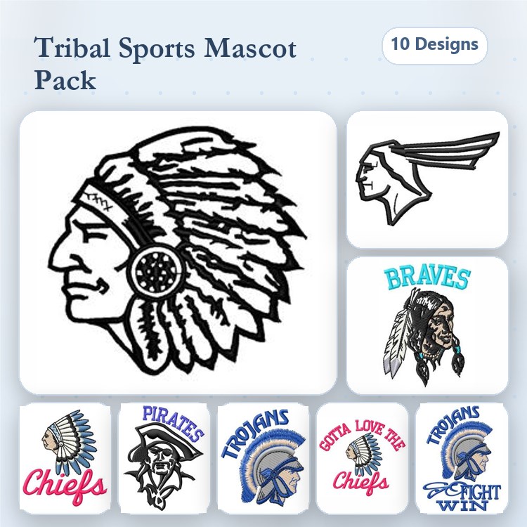 Tribal Sports Mascots Embroidery Designs Bundle – Chiefs Mascot, Pirates Mascot, Trojans Mascot & More (10 Designs)