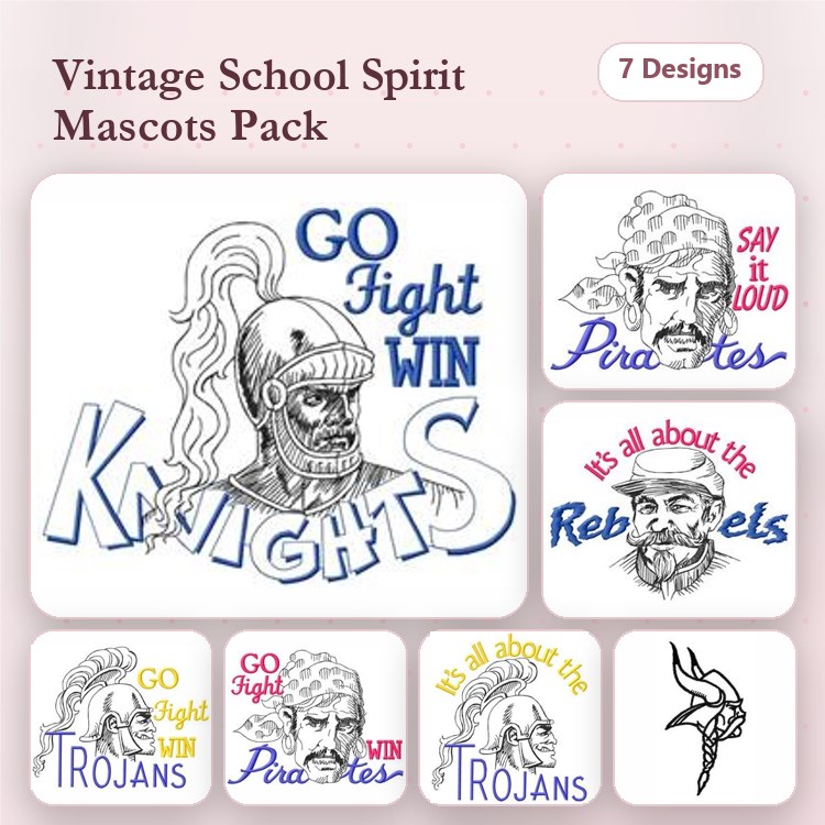 Vintage School Spirit Mascots Embroidery Designs Bundle – Knights, Pirates, Rebels, Trojans & More (7 Designs)