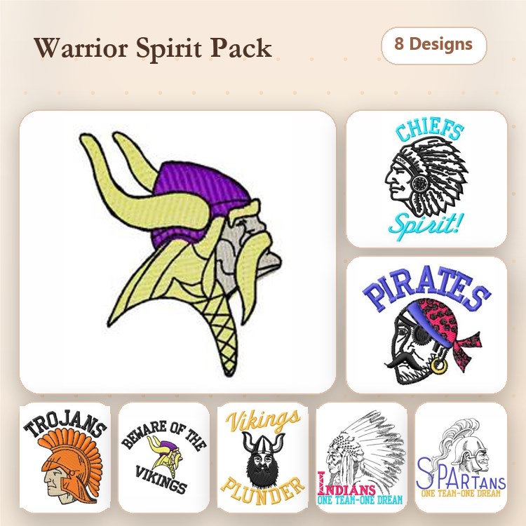 Warrior Team Spirit Embroidery Bundle – Viking Helmet, Chiefs Spirit, Trojan Warrior, Pirate Skull & More (8 Designs)