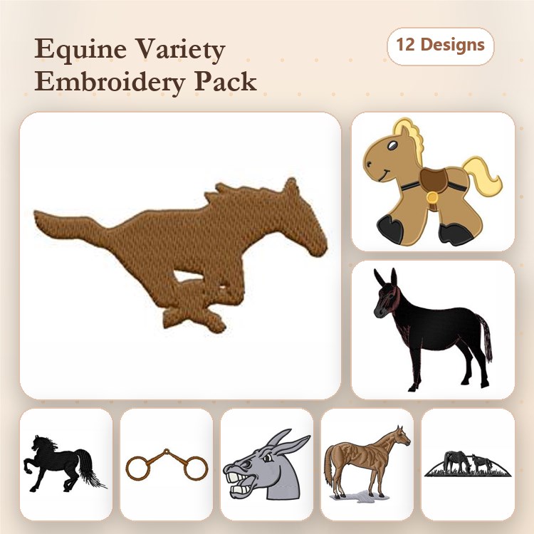 Equine Variety Embroidery Bundle – Galloping Horse, Donkey, Gray Horse & More (12 Designs)