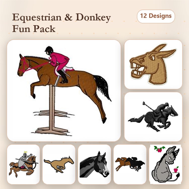 Equestrian Animals Embroidery Designs Bundle – Horse with Rider, Jumping Horse, Donkey Head & More (12 Designs)
