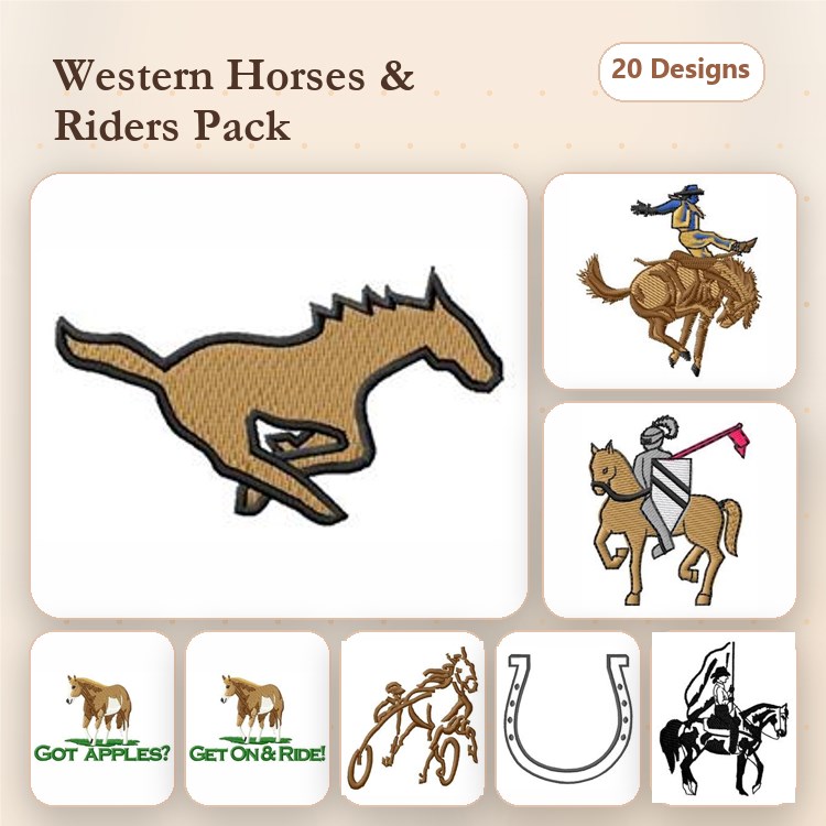 Western Horses & Riders Embroidery Designs Bundle – Galloping Horse, Cowboy on Horse, Knight on Horse & More (20 Designs)