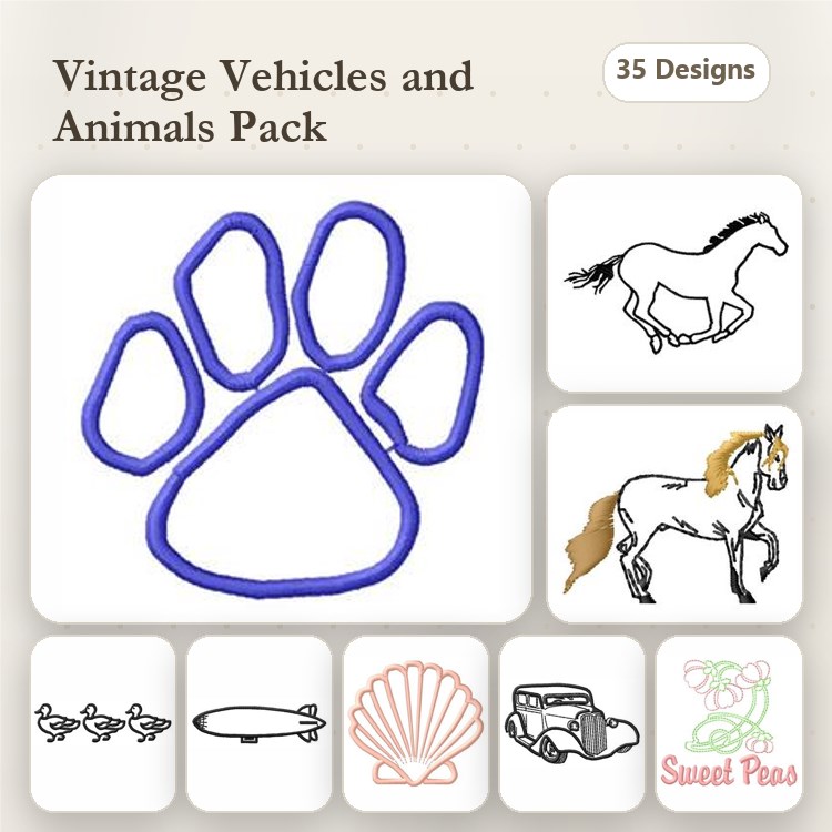 Vintage Vehicles & Animals Embroidery Designs Bundle – Paw Print, Horse, Pony, Vintage Car & More (35 Designs)