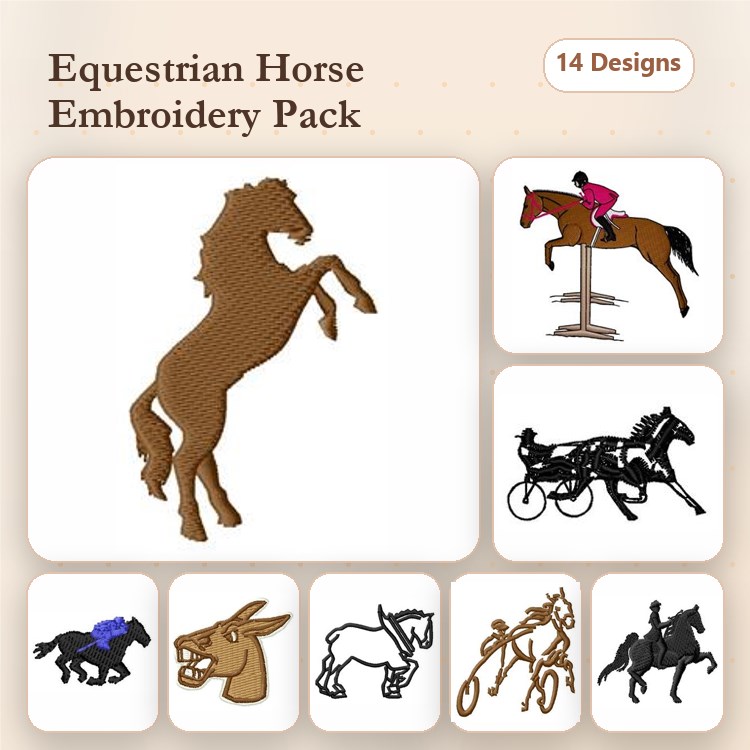 Equestrian Horses Embroidery Designs Bundle – Rearing Horse, Jumping Horse with Rider, Trotting Horse & More (14 Designs)