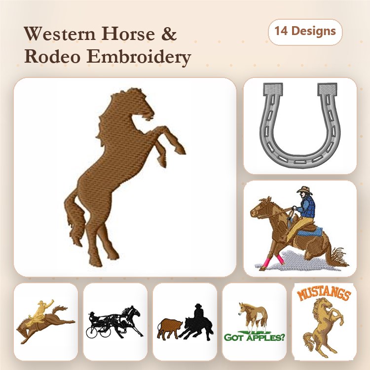 Western Horse and Rodeo Embroidery Designs Bundle – Rearing Horse, Horseshoe, Rodeo Rider & More (14 Designs)