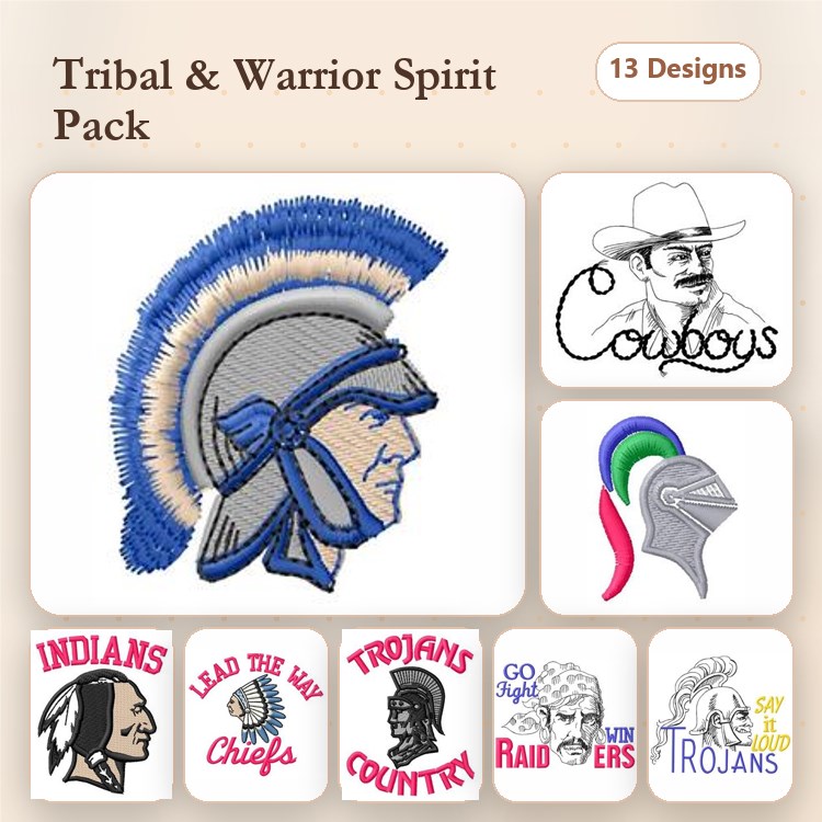 Sports and Tribal Spirit Embroidery Bundle – Indian Chief, Trojan Warrior, Cowboy & More (13 Designs)