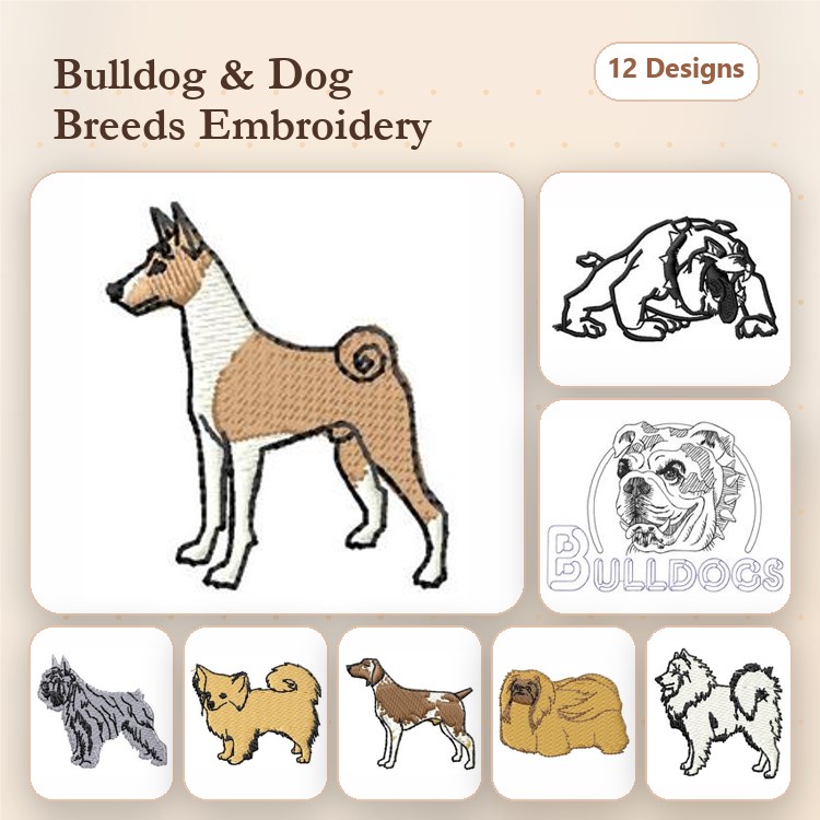 Dog Breed Embroidery Bundle – Basenji, Schnauzer & More (12 Designs)