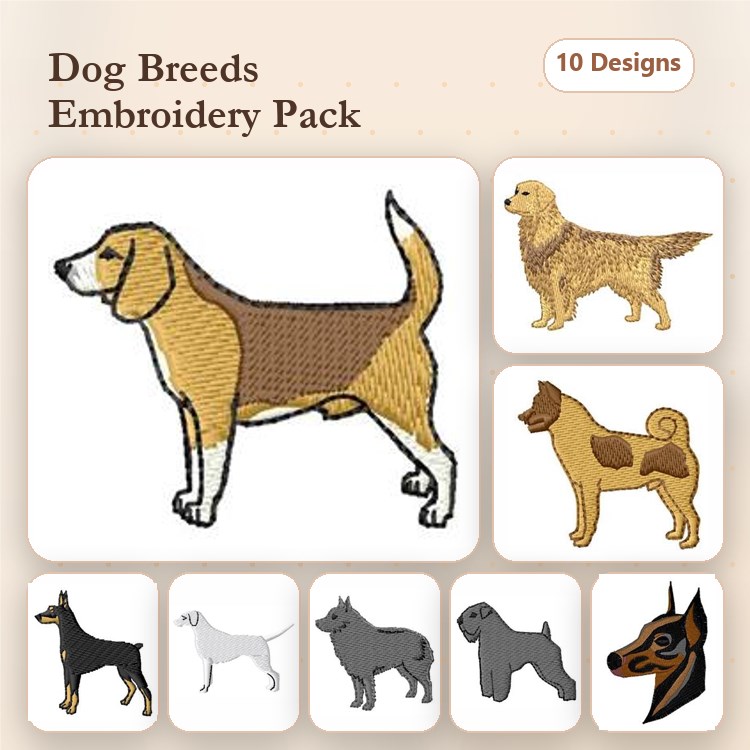 Dog Breed Embroidery Bundle – Golden Retriever, Beagle & More (10 Designs)
