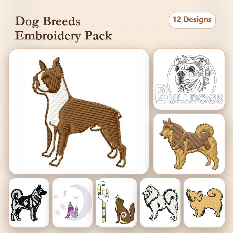 Bulldog & Dog Embroidery Bundle – Shiba Inu, Boston Terrier & More (12 Designs)