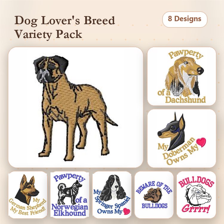 Dachshund & Bulldog Embroidery Bundle – Dog Breeds (8 Designs)