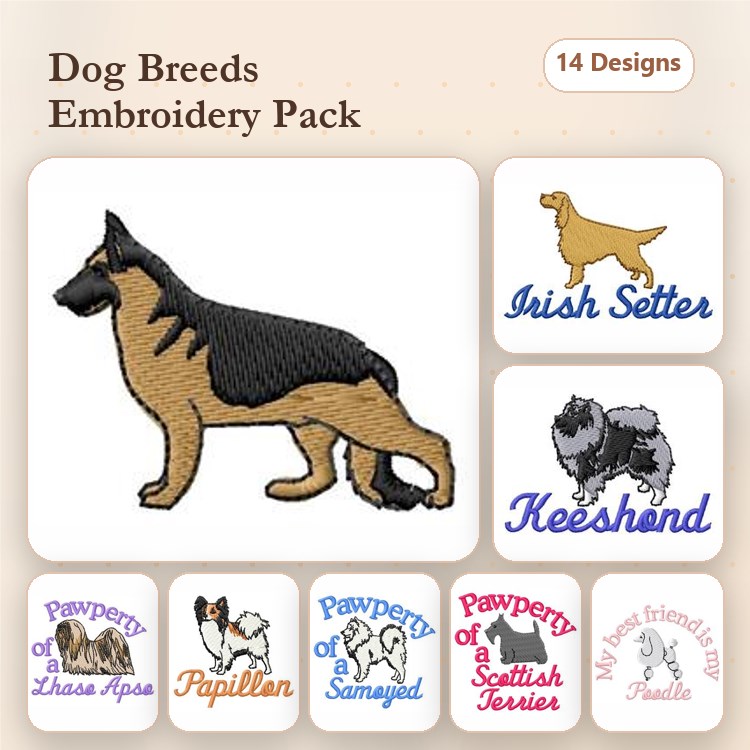 Dog Breed Embroidery Bundle – German Shepherd, Newfoundland & More (14 Designs)