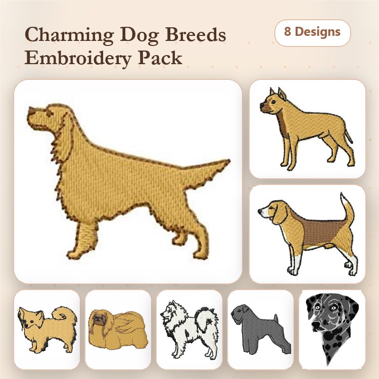 Dog Breed Embroidery Bundle – Beagle, Pomeranian & More (8 Designs)