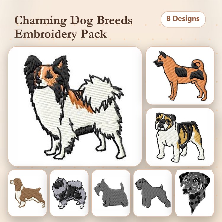 Bulldog & Cocker Spaniel Embroidery Bundle – Dog Designs (8 Designs)