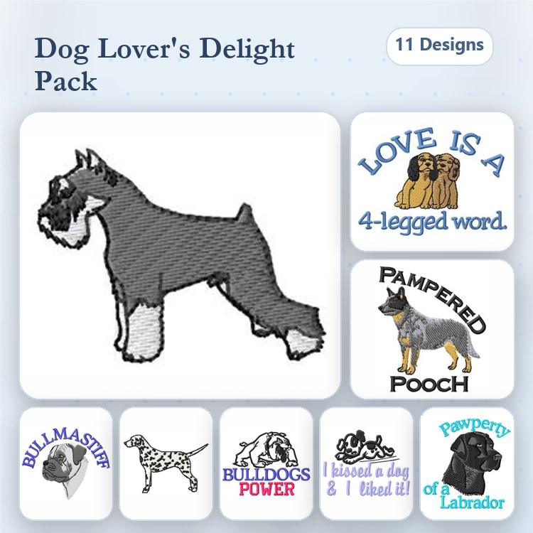 Dog-Themed Embroidery Bundle – Love, Pampering & Breeds (11 Designs)