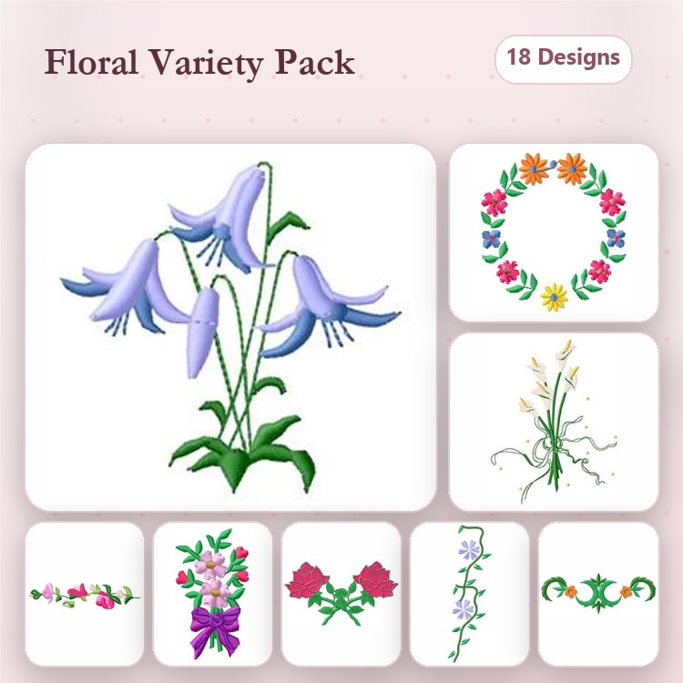 Floral Embroidery Designs Bundle – Bluebell Flowers, Floral Wreath, Flower Bouquet with Bow & More (18 Designs)