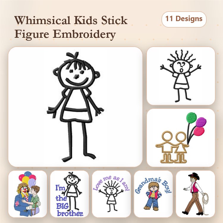 Redwork Whimsical Kids Stick Figures Embroidery Designs Bundle – Stick Figure Girl, Stick Figure Boy, Kids with Balloons & More (11 Designs)