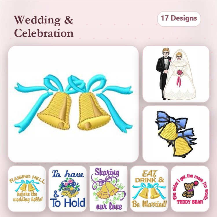 Wedding and Celebration Embroidery Designs Bundle – Wedding Bells, Bride and Groom, Sharing Our Love & More (17 Designs)