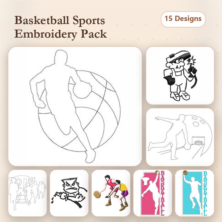 Basketball Embroidery Designs Bundle – Player Dribbling, Player Dunking, Cartoon Basketball Player & More (15 Designs)