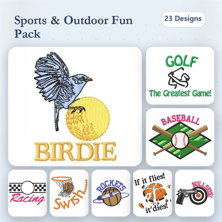 Sports and Outdoor Activities Embroidery Designs Bundle – Birdie, Golf, Baseball, Racing & More (23 Designs)