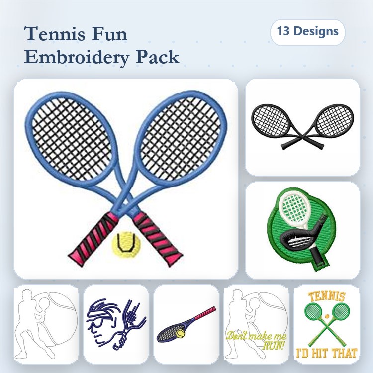 Tennis Themed Embroidery Designs Bundle – Tennis Racket, Player Silhouette, Ball & More (13 Designs)