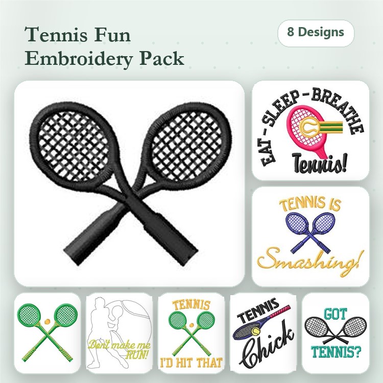 Tennis Themed Embroidery Designs Bundle – Tennis Rackets, Eat Sleep Breathe Tennis, Got Tennis? & More (8 Designs)