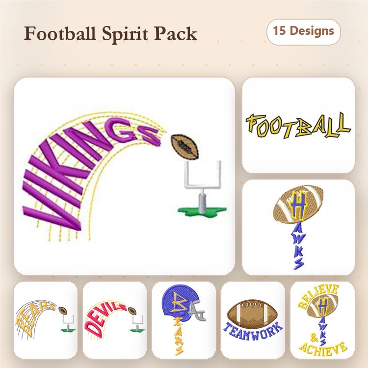Football Spirit Embroidery Designs Bundle – Vikings, Hawks, Believe Achieves & More (15 Designs)