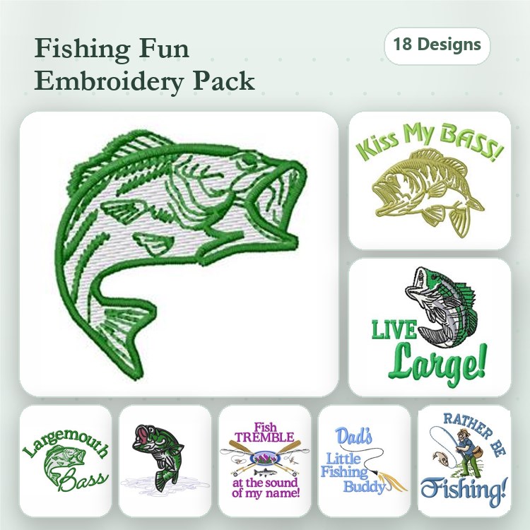 Fishing Themed Embroidery Designs Bundle – Largemouth Bass, Kiss My Bass, Live Large! & More (18 Designs)