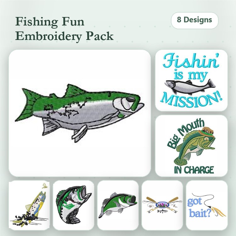 Fishing Embroidery Designs Bundle – Jumping Fish, Fishing Lure, Fishin' is my MISSION & More (8 Designs)
