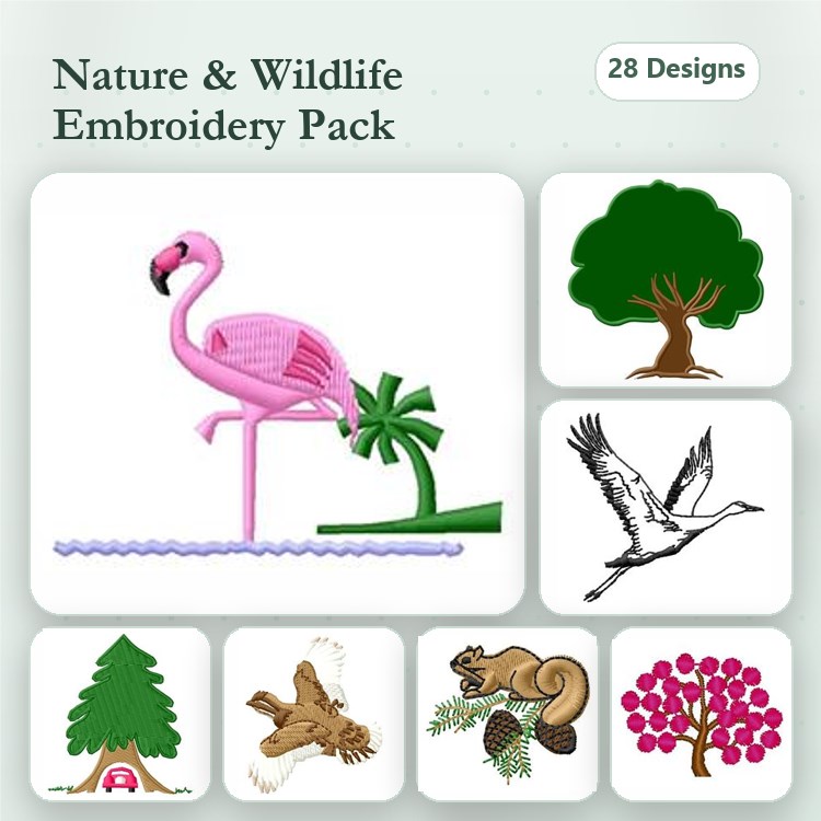 Tree, Crane & Flamingo Embroidery Bundle – Nature Designs (28 Designs)