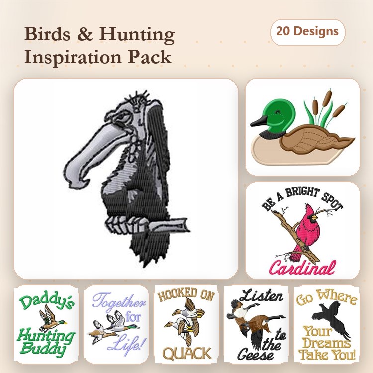 Birds & Hunting Embroidery Designs Bundle – Cardinal, Duck, Bald Eagle & More (20 Designs)
