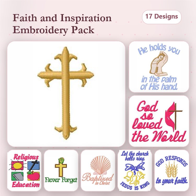 Faith & Religious Inspiration Embroidery Designs Bundle – Cross, He Holds You in the Palm of His Hand, God So Loved the World & More (17 Designs)