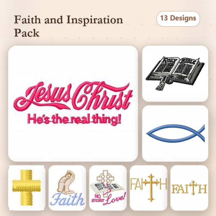 Faith and Inspiration Embroidery Bundle – Jesus Christ Text, Bible, Fish Symbol & More (13 Designs)