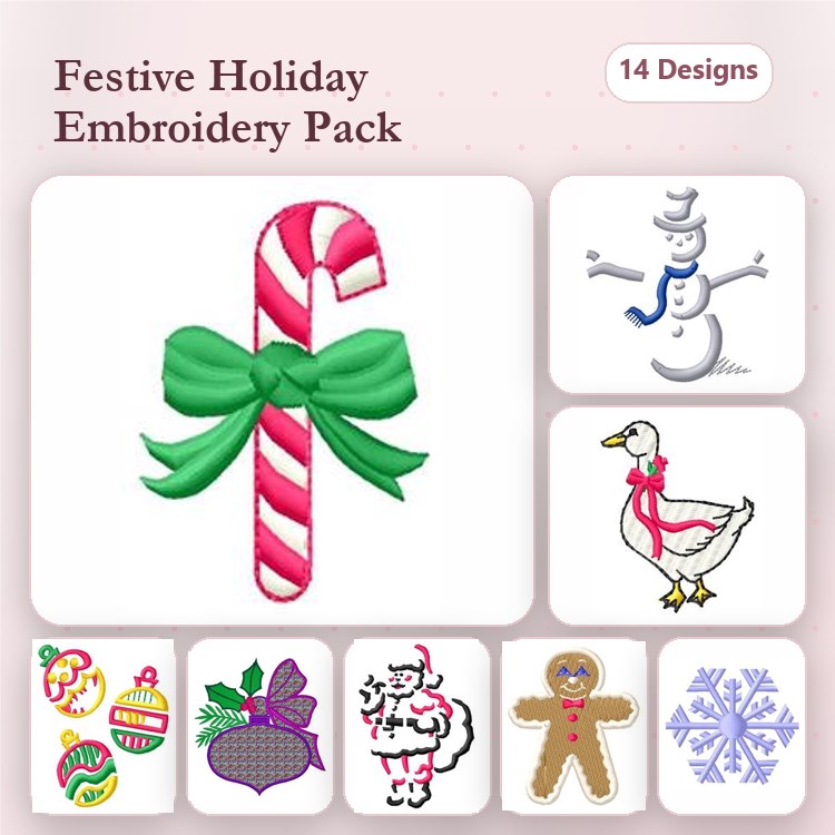 Festive Holiday Embroidery Designs Bundle – Candy Cane, Snowman, Gingerbread Man & More (14 Designs)