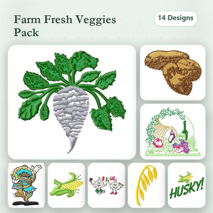 Farm-Themed Vegetable Embroidery Designs Bundle – Radish, Potato, Corn, Chickens & More (14 Designs)