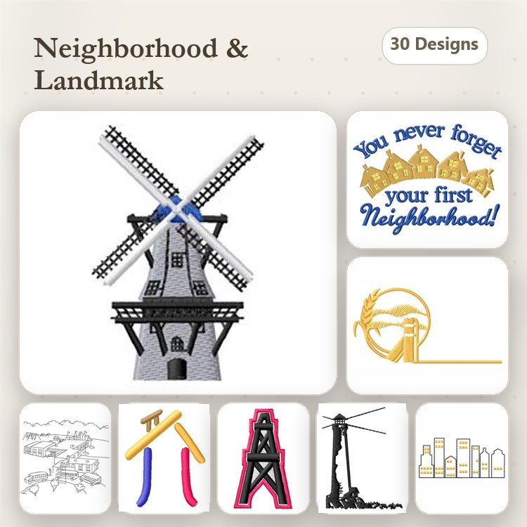Neighborhood and Landmark Embroidery Designs Bundle – Windmill, City Skyline, Gardening Tools & More (30 Designs)