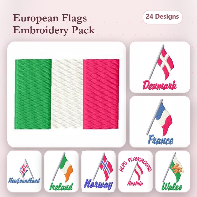 European Flags Embroidery Bundle – Italian, Danish, French & More (24 Designs)